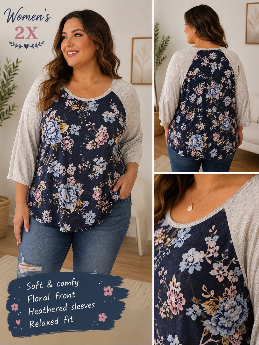 Loralette floral Print Women's Top - Gray and Blue 2X